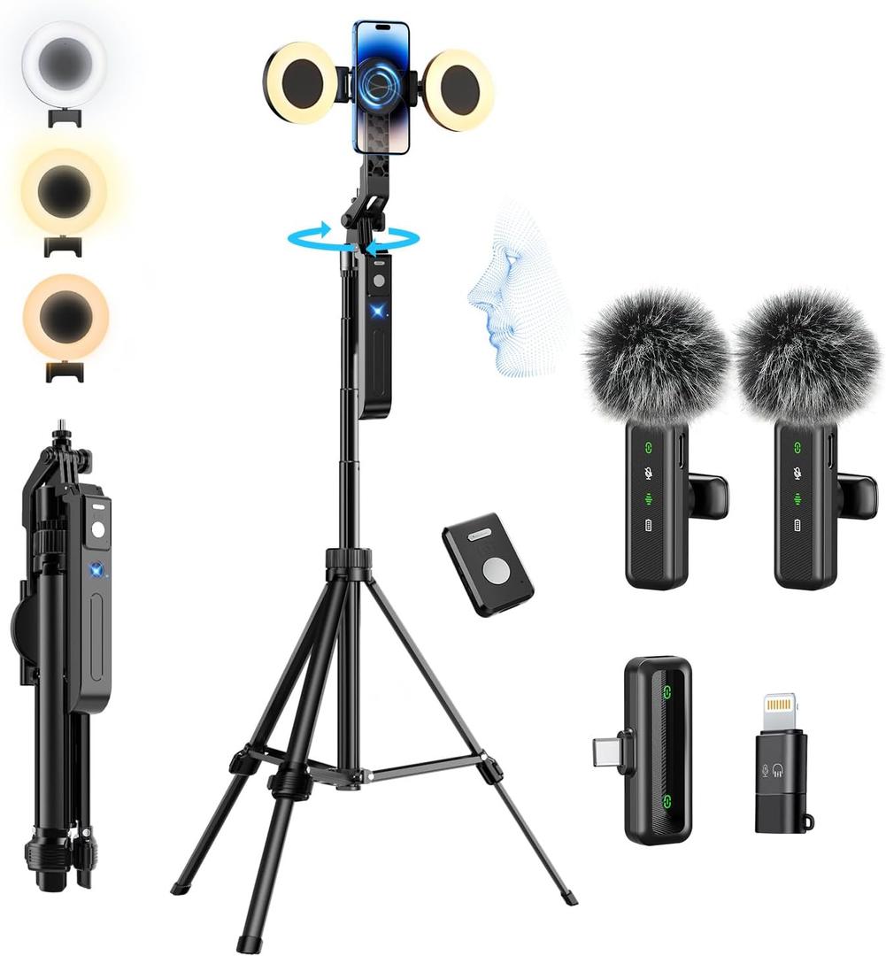 yAyusi Magnetic Vlogging Kit for iPhone/Android, 70.9" Auto Face Tracking Tripod for iPhone with Light, Microphone/Remote Control, Content Creator Essentials Starter Kit for TikTok and YouTube