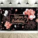 Blulu Happy Birthday Backdrop Banner Sign Poster Large Fabric Glitter Balloon Fireworks Sign Photo Backdrop Background for Birthday Party Decoration Supplies, 72.8 x 43.3in (Pink and Black)
