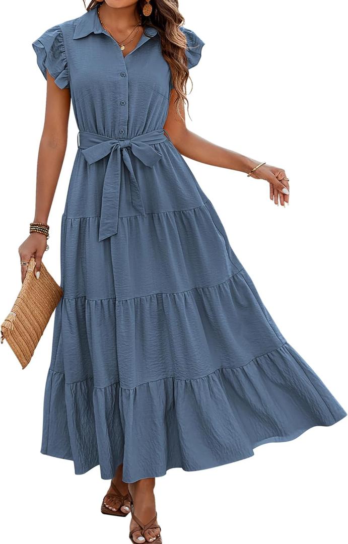 dowerme Women's Summer Casual Dresses 2026 Cap Ruffle Sleeve V Neck Button Belted Tiered Boho Maxi Dress with Pockets XL