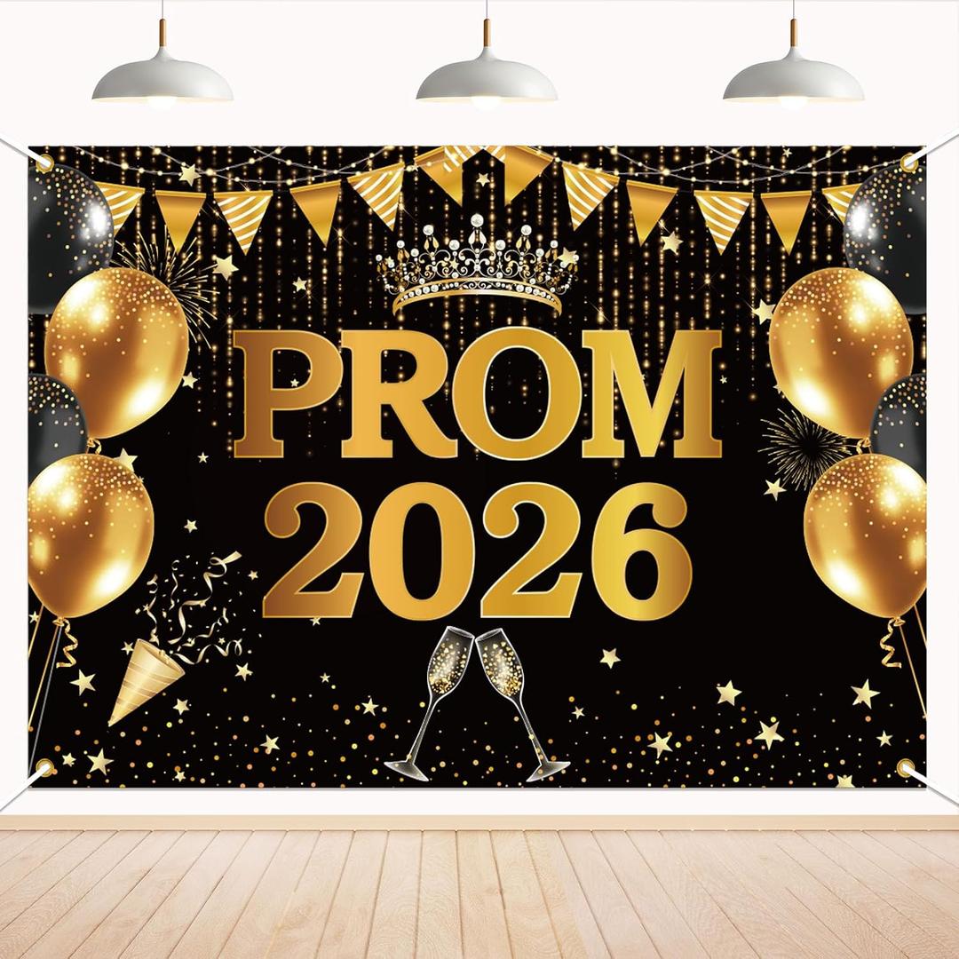Prom 2026 Backdrop - Crown Graduation Prom Night Party Decorations, Graduation Backdrop for Photography Congratulate Congrats Grad Banner Black and Gold Proms Send Off 2026 Party Decorations 7x5ft