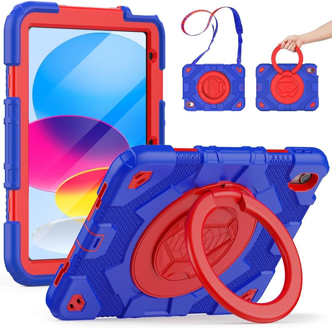 SCSVPN Case for iPad (A16) 11th Generation 11 inch 2025 / 10th Generation 10.9'' 2022, Shockproof Rugged Kids Cover with Pencil Holder, 360 Rotate Stand & Foldable Handle, Shoulder Strap, Blue/Red (NO Screen Protector)