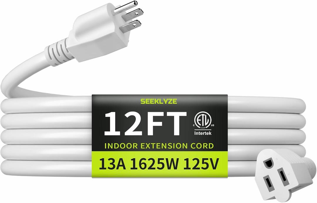 16/3 White Extension Cord 12 FT, Indoor Extension Cord for Laptops, Coffee Makers, Office Home Appliances, 3 Prong Resistant Cable Flexible, 13A 125V 1625W ETL Listed