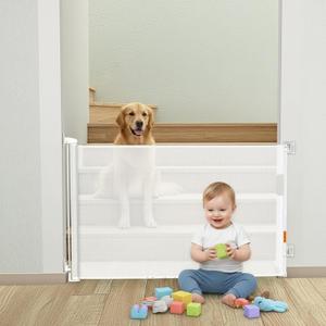 No Drill Retractable Baby Gate for Stairs - White Baby Gate 55 inches Wide 34 inch Tall, Mesh Retractable Dog Gate for Stairs, doorways, Hallways, Deck, Outdoor, Indoor, Kitchen, & Porch