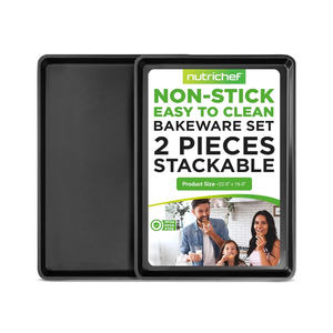 NutriChef 2-Piece XL Mega Cookie Sheet Baking Pans Set Extra Large Nonstick Carbon Steel Oven Baking Tray Pans, Stackable Bakeware, Black