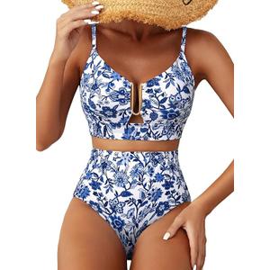 Herseas Womens 2 Piece High Waisted U Wire Bikini Set Floral Print Swimsuit Crisscross Back Bathing Suit Beach Swimwear, Medium
