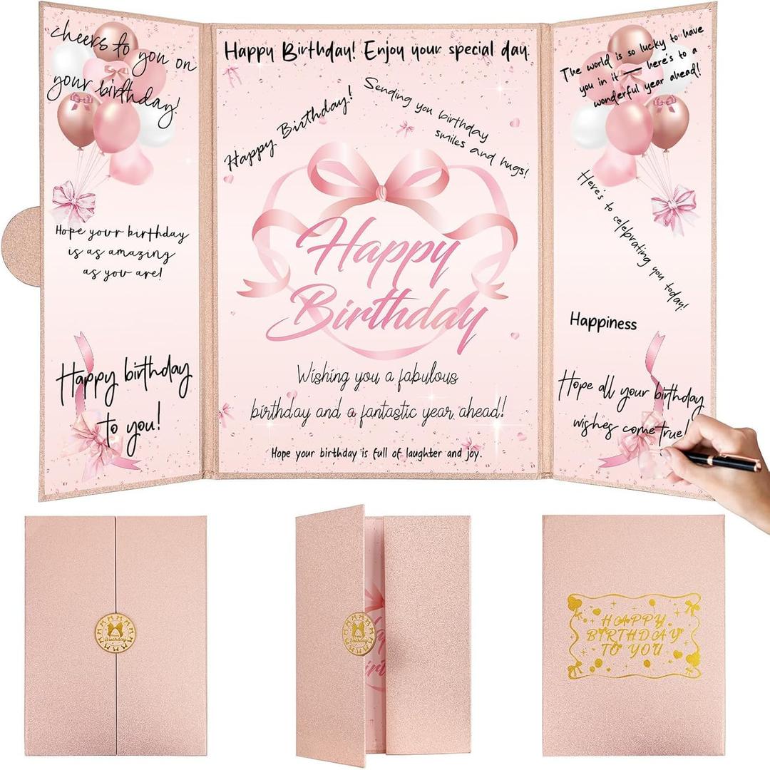 Bow Birthday Decorations for Girls Women Rose Gold Happy Birthday Guest Book to Sign Coquette Birthday Alternative Signature Guestbook Gifts Keepsake Pink Bow Heart Memory Book Card Board Party