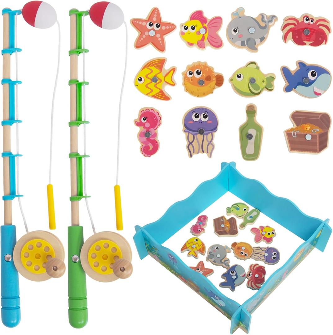 Montessori Toddler Fishing Game - Kids Wooden Magnetic Fishing Toys for 3 Years Old Girls Boys, Fine Motor Skills for Toddler