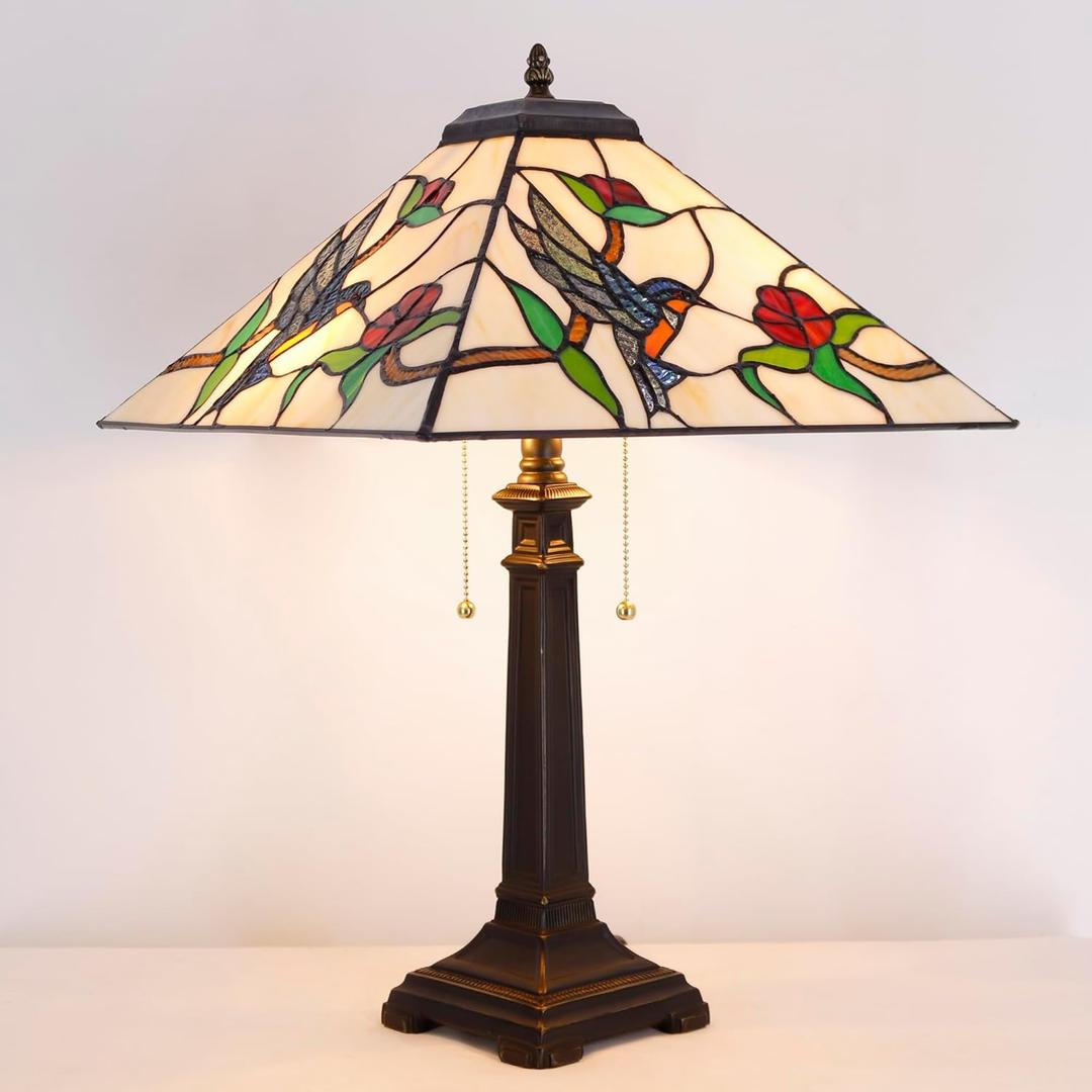 Tiffany Table Lamp Amber Hummingbird Mission Style Stained Glass 16X16X23 Inches Desk Reading Light for Bedrooms Living Room Study Home Office