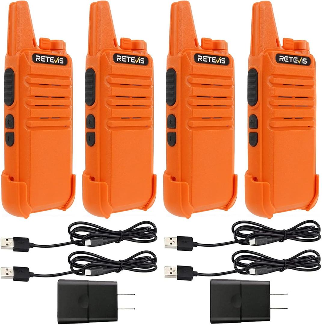 Retevis RT22 Rechargeable Walkie Talkies, Long Range Two Way Radio for Adults, Portable Handheld Radio, Voice Activated, Emergency Alarm, Upgraded Type-C Charging, Outdoor Hiking Travel(4 Pack, Orange)