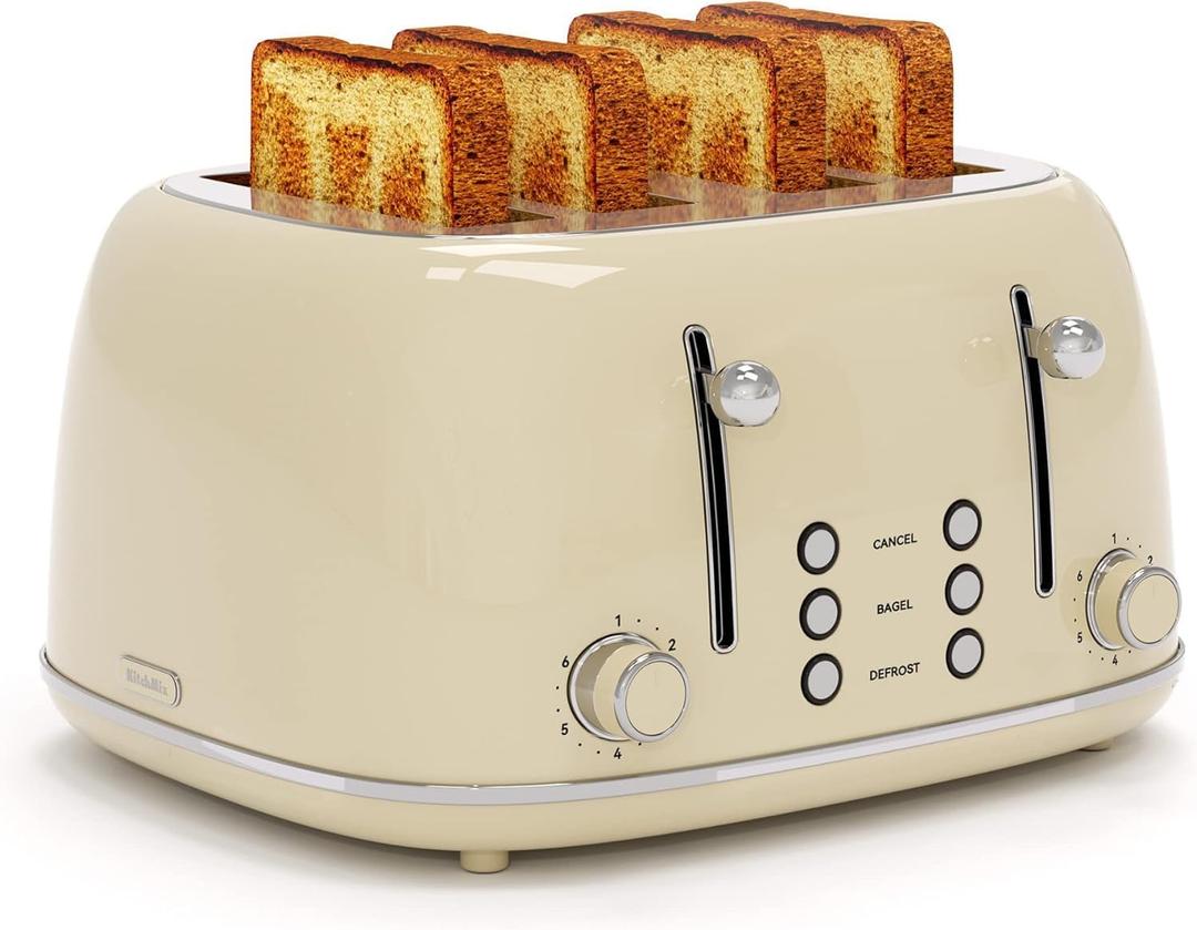 Toaster 4 Slice, Retro Stainless Toaster with 6 Bread Shade Settings,1.5''Wide Slots Toaster with Cancel/Defrost/Reheat Functions,Dual Independent Control Panel, Removal Crumb Tray (Cream)