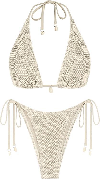 ZAFUL Women's Triangle Bikini Multiway Fishnet Tie Side Bandeau Halter String Bikini Set Two Piece Swimsuit Bathing Suits (S)