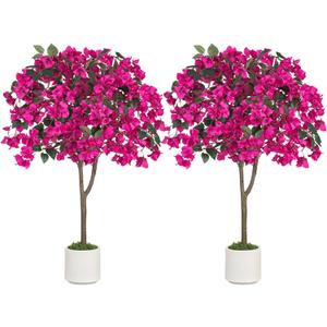 BLOSMON Bougainvillea Artificial Tree for Porch: 2-Pack 3.9ft Hot Pink Fake Flower Tree for Home Front Door Decoration - Faux Silk Floral Plant with Pot for Outdoor Garden Patio Indoor Decor