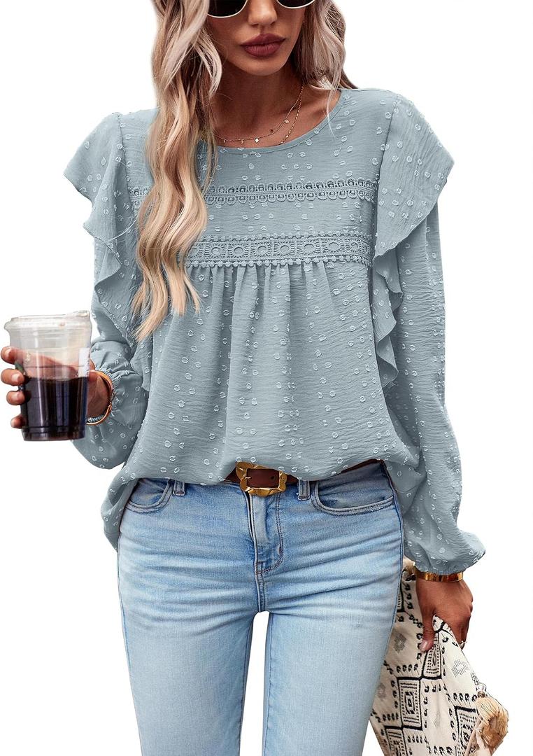 PRETTYGARDEN Women's Long Sleeve Shirts Ruffle Swiss Dot Crochet Loose Fit Tunic Dressy Casual Tops Blouses Spring Fashion (Green, XS)