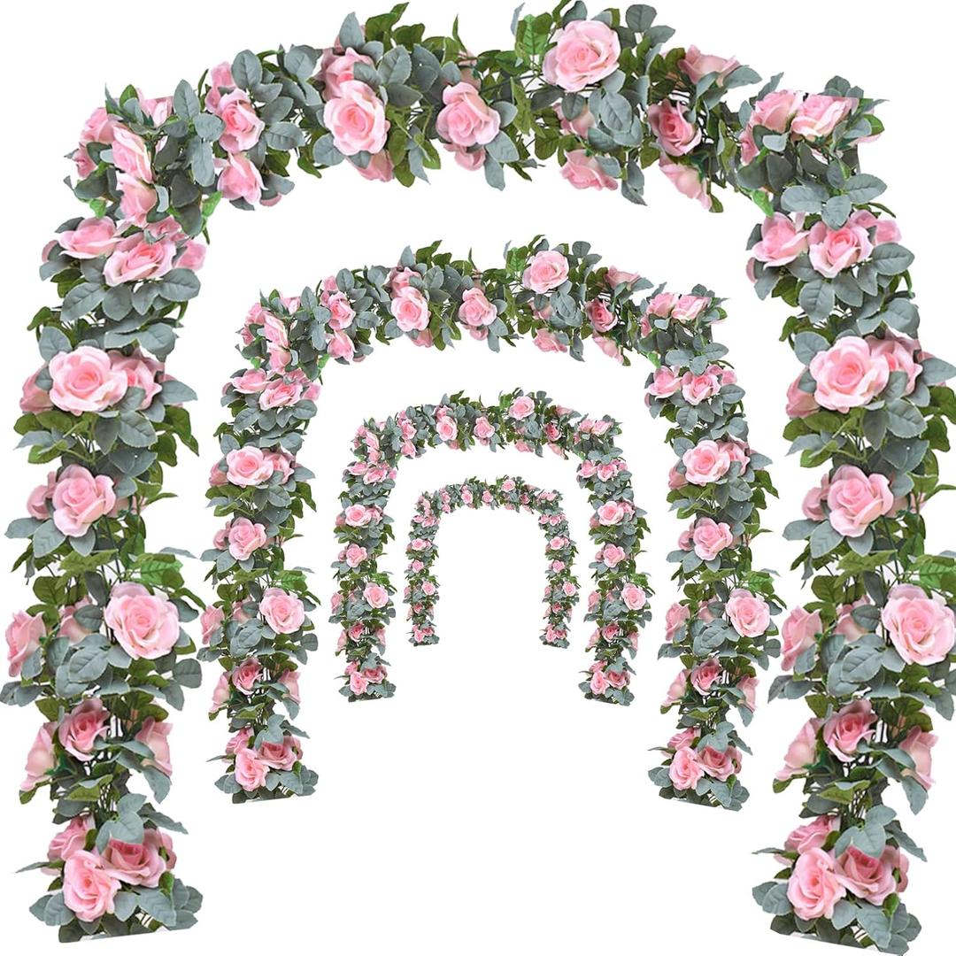 Flower Garland Rose Vine 4Pcs 28FT Artificial Floral Garland with Green Leaves Hanging Rose Vine for Wedding Party Garden Home Wall Decor (Light Pink)