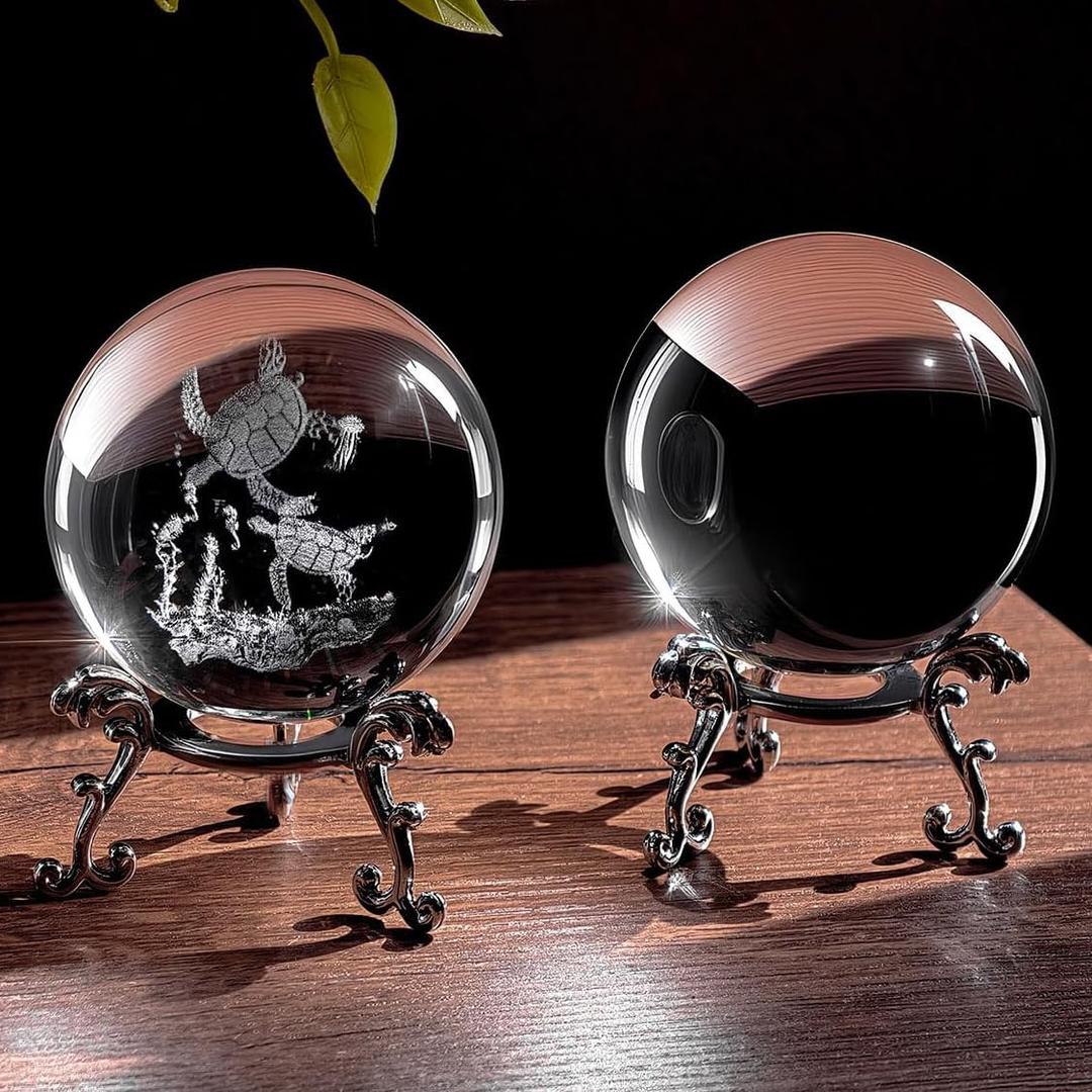2 Crystal Balls with Silver Stands - 3D Laser Engraved Sea Turtle & Clear Crystal Sphere Set, Decorative Paperweights, Home & Party Decor, Photography Props, Gifts for Women & Nature Lovers