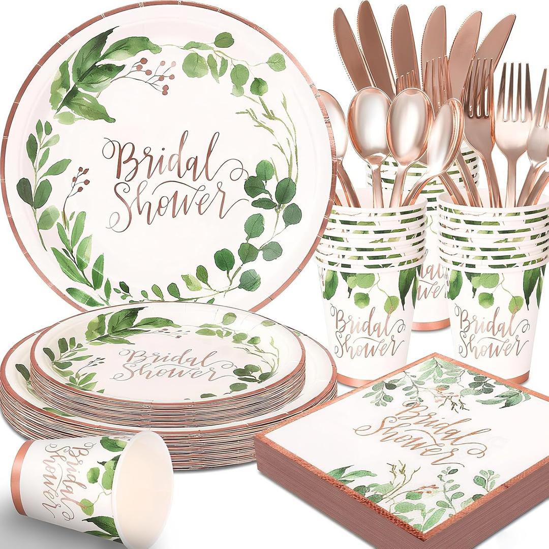 Sage Green Bridal Shower Decorations Rose Gold Bridal Shower Plates and Napkins Sets,168Pcs Serves 24 Guests