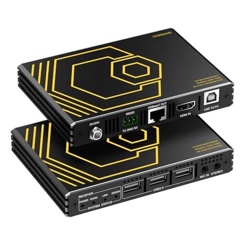 HDMI KVM Extender USB Uncompressed 4K 60Hz HDR Single Over Cat5e/6 up to 300ft, 3 Ports USB2.0 Hub POE+RS232+EDID+3.5mm Stereo Audio and Microphone
