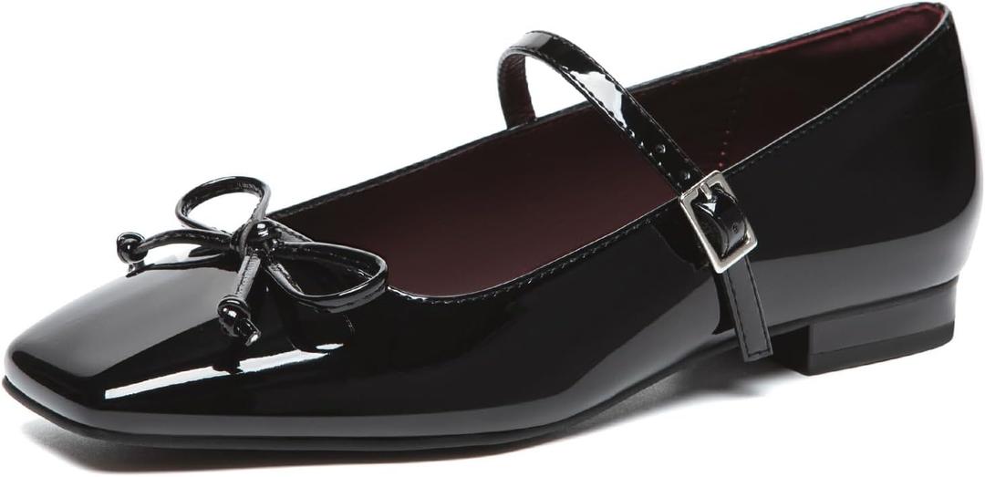 Athlefit Women's Mary Jane Flats Dressy Comfortable Square Toe Ballet Flats Shoes with Buckle Strap (7, Black)