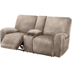 ULTICOR Reclining Love Seat with Middle Console Slipcover, 8-Piece Velvet Stretch Loveseat Reclining Sofa Covers, 2 seat Love seat Recliner Cover, Thick, Soft, Washable, Love seat Slipcovers (Taupe)