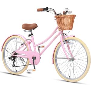 Glerc 20 24 26 Inch Beach Cruiser Bike, 6-Speed Hybrid City Bicycle for Girls Youth and Over 6 Years Old, Missy Bike with Wicker Basket & Lightweight, Multiple Colors (Pink)