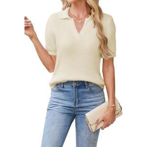 Cakulo Womens Fuzzy Cropped Short Sleeve V Neck Fall Sweaters 2025 Polo Collared Knit Pullover Sweater (Beige, XL)
