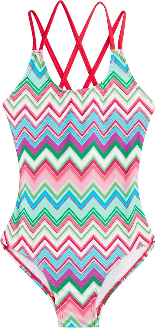 Kanu Surf Girls' Reese UPF 50 Beach Sport Criss-Cross One Piece Swimsuit (8, Nina Pink/Green)