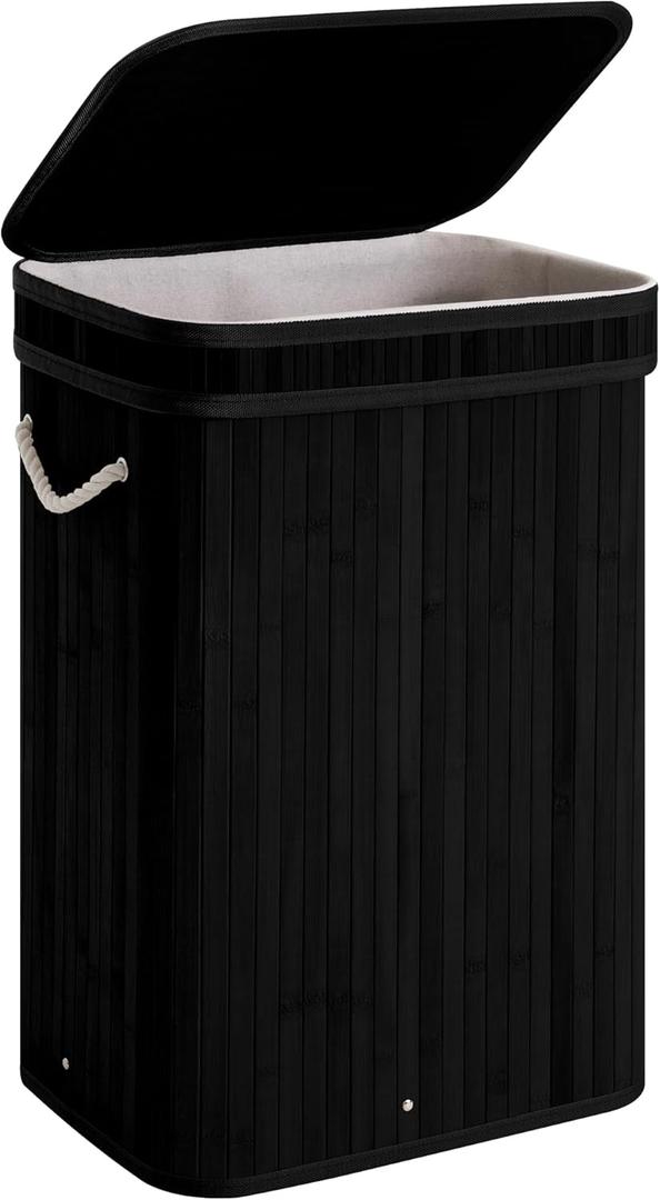 StorageWorks Laundry Hamper with Lid, Foldable Bamboo Laundry Basket, Clothes Hamper with Handles, Organizer and Storage for Laundry Room, Bedroom, Dorm, Black