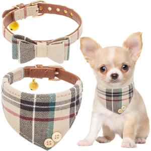 EXPAWLORER Dog Collar and Bandana Set - Classic Plaid Dog Bow Tie and Bandana Collar with PU Leather, Adjustable Collars for Small Medium Large Dogs Cats, Holiday Ideal Gift, Beige XS (Cream (2 Collars))