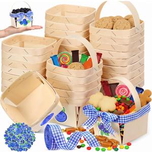 77 Pcs/30 Sets One Pint Wood Berry Basket with Handle with Blueberry Stickers and Blue Gingham Ribbon 4" Small Gifts Baskets for Garden Picking Fruit Crafts Birthday Wedding Decoration