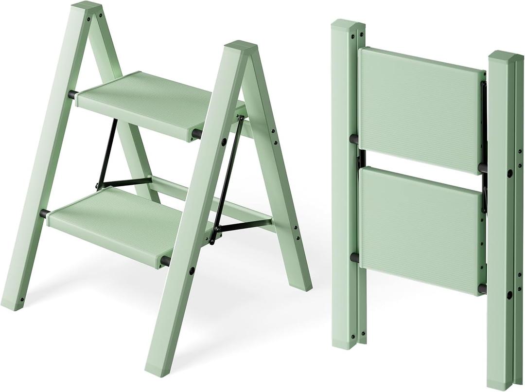 HillhutApex 2 Step Ladder, Lightweight Portable 2 Step Stool with Anti-Slip Wide Pedal, 330lbs Capacity Aluminum Ladder for Household,Office,Library(Pale Green)