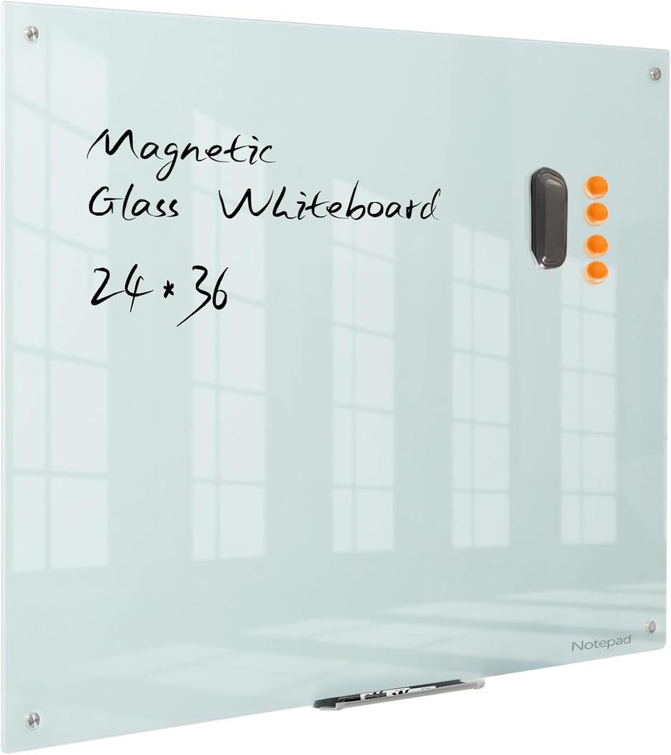 Glass Whiteboard Magnetic Dry Erase Board - Frameless Glass White Board 36 x 24 Inches, Wall Mounted, Office, Home & School