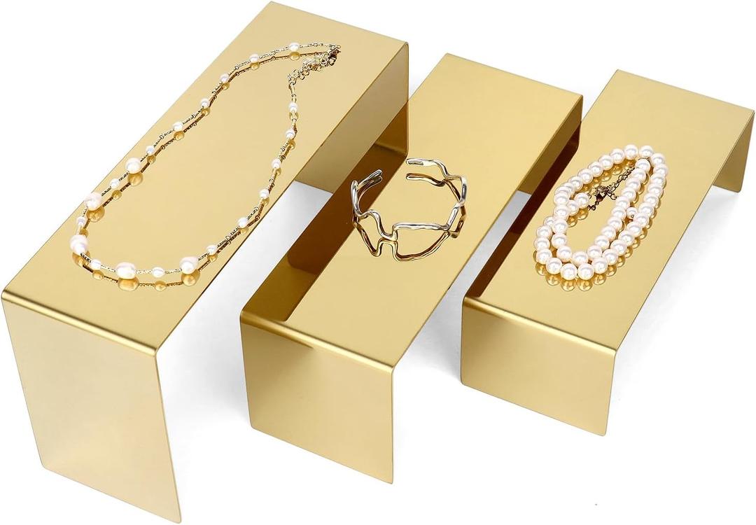 QWORK Gold Purse Display Stand Set of 3 - Stainless Steel Perfume Countertop Risers, Versatile Use for Jewelry, Shoes, and Handbags, Easy Setup, Jewelry Display Riser, Handbag Shoe Jewelry Holder QWORK Gold Purse Display Stand Set of 3 - Stainless Steel Perfume Countertop Risers, Versatile Use for Jewelry, Shoes, and Handbags, Easy Setup, Jewelry Display Riser, Handbag Shoe Jewelry Holder