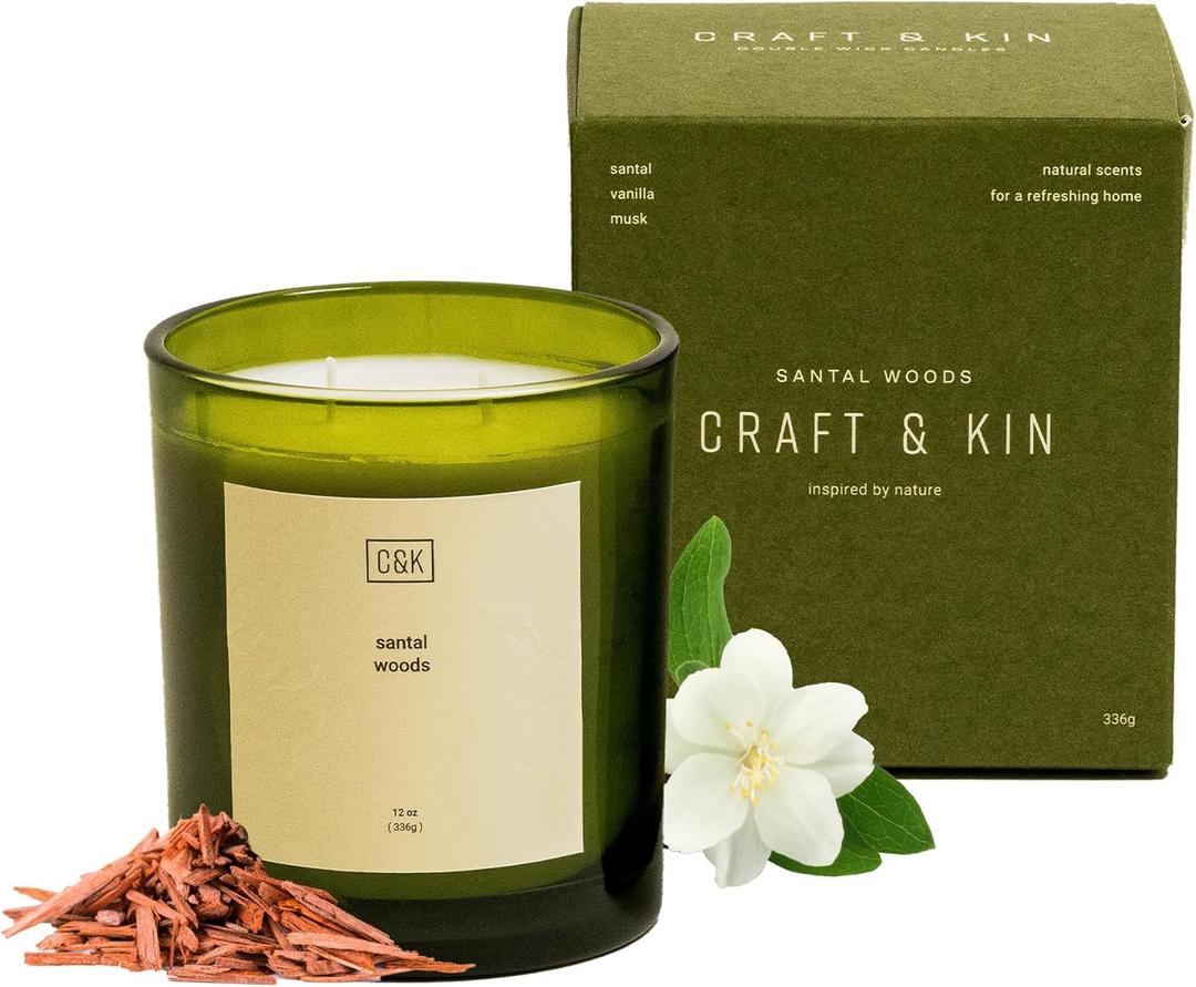 Craft & Kin 12oz Santal Woods Candle for Home | Premium Green Spring Scented Candles for Men | Made with Natural Soy | Gifts for Men and Women | Nature Collection
