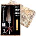 Vintage Quill Pen Ink Set,Feather Quill Pens with Wooden Calligraphy Pen, Including 7 Different Sizes of Nib, Calligraphy Pen Set Gift & Women and Man(Grey)