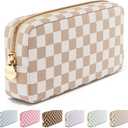 Embla Makeup Bag Travel Cosmetics Pouch and Toiletry Bag, Nylon Zipper Pouch Purse, Cute Make Up Organizer Storage Tote for Women Girls, Travel Skincare Case, Small Makeup Case, Sand Checkered, Beige