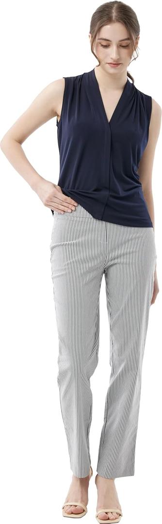 Women’s Super Stretch Straight Fit Comfy Pull-On Business Casual Pants Large, White/Black