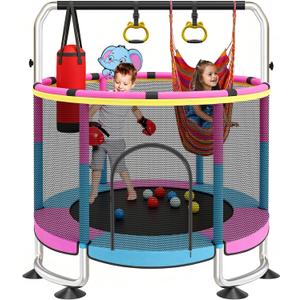 Yozoia 60" Toddler Trampoline, Indoor Trampoline for Kids with Safety Enclosure, 440LBS Support, Adjustable Gymnastics Bar & Toys for Boys Girls