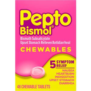Pepto Bismol Chewable Tablets, Upset Stomach Relief, Nausea Relief, Heartburn Relief, Indigestion Relief, Anti Diarrhea Medication for Adults - 5 Symptom Relief, 48 ct, Best By June/27