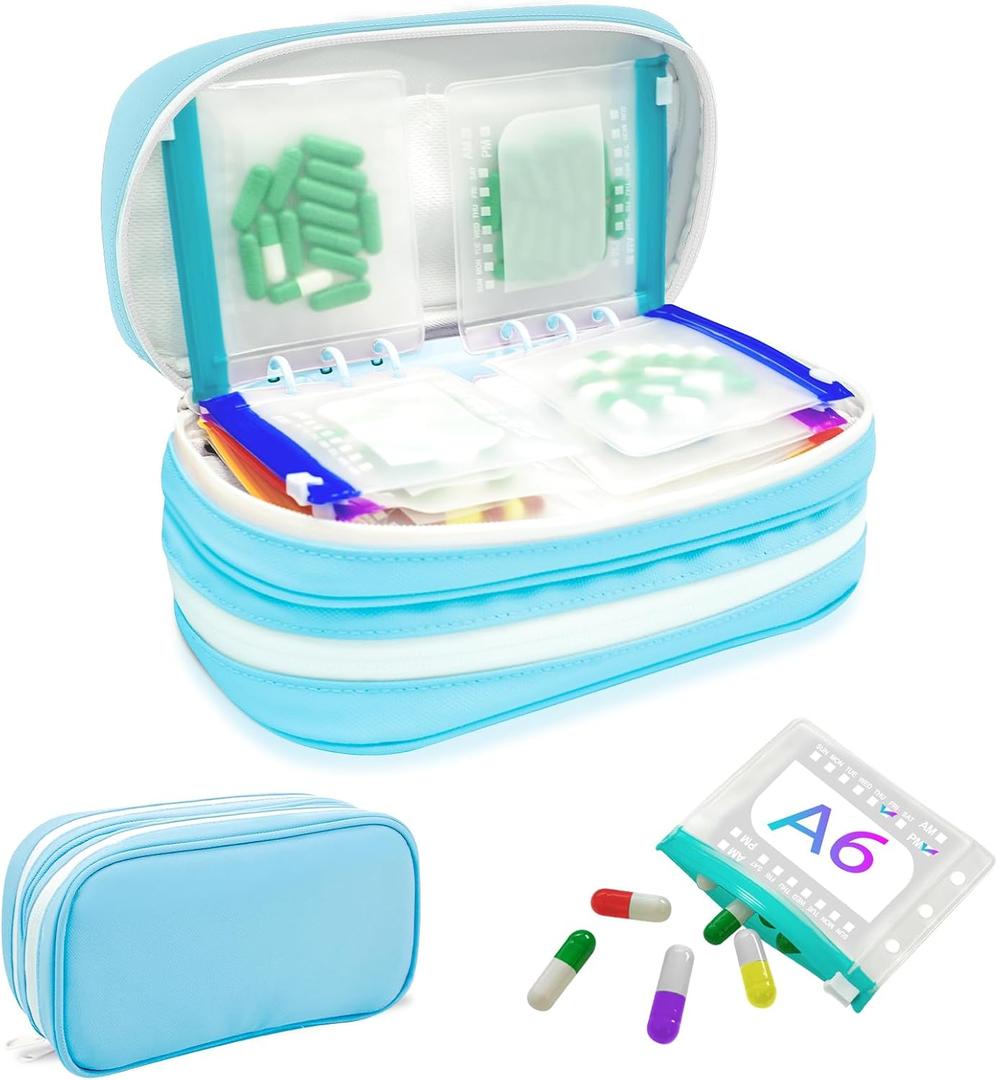 XXL A6 Double-Compartment Waterproof Pill Organizer with 28 M Size Zippered Pill Pouches for A6 Binder, Large BPA-Free Monthly Medicine Organizer, Reusable Travel Pill Storage System (Blue)