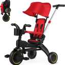 Baby Tricycle,5 in 1 Compact Folding Toddler Bike w/Removable Push Handle,Foldable Tricycle for 1-3 Year Old,Canopy,Safety Harness,Storage Hanging Bag,Tricycle for Toddlers Girls and Boys (Red)