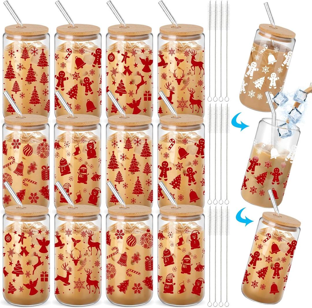 12 Pcs Christmas Gifts 16 oz Color Changing Cups with Lids and Straws Bulk Christmas Glass Iced Coffee Cups Holiday Can Shape Tumbler for Xmas Winter Party Favors Decor Gift (Red Pattern)