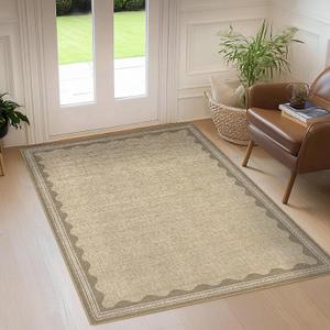 Scalloped Rug 4x6 Rugs for Entryway, Small Area Rugs Solid Jute Rug for Bedroom Girls, 4x6 Washable Rugs for Living Room, Non Slip Scalloped Bath Mat, Soft Dorm Nursery Carpet for Bedside, Jute