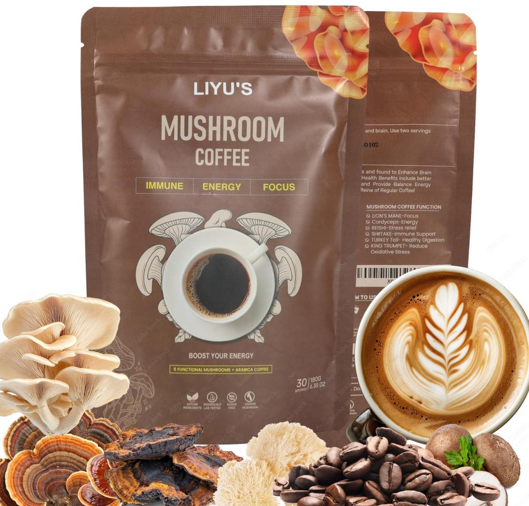 Organic Instant Mushroom Coffee With Organic Arabica & 6 Adaptogenic Mushrooms (Lions Mane, Turkey Tail, Cordyceps & Others To Enhance Digestion, Energy, Focus, Immune Support (30 Servings-180g) (6.35 Ounce (Pack of 1))