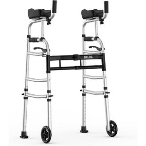 Delog Folding Walker for Senior - Platform Walker with 5 Wheels and Removable Padded Armrests 350lbs, Lightweight Walking Mobility Aid, Standard Walker for Elderly (Black)