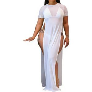 Women's Sexy Long Maxi Dresses Summer Casual See Through Round Neck Short Sleeve Sheer Mesh Beach Cover Ups Stretchy Plus Size Swimsuit Split with Fake Diamond, Size Small