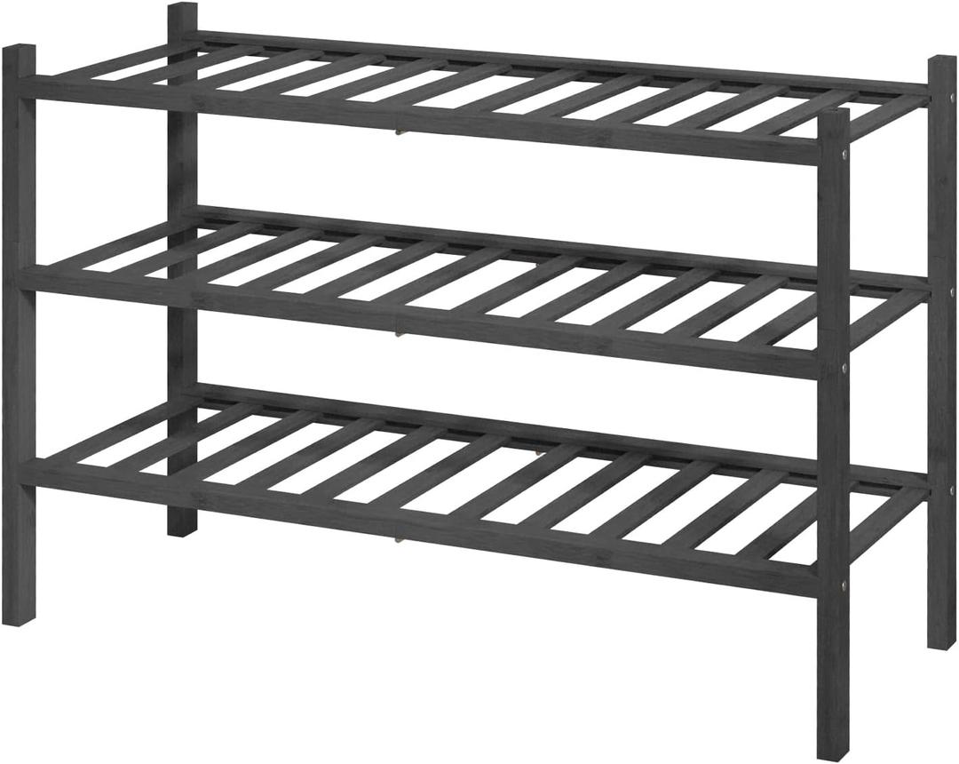 Kitsure Bamboo Wooden Shoe Rack for Closet - Stackable Shoe Organizer with Modular Structure, Space-Saving Shoe Shelf for Entryway, Living Room, Bedroom, 26.8" Wide - 3 Tiers, Black