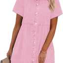 GRAPENT Denim Dress for Women Babydoll Tiered Short Sleeve Button Down Jean Shirt Dresses (X-Large, Parfait Pink)