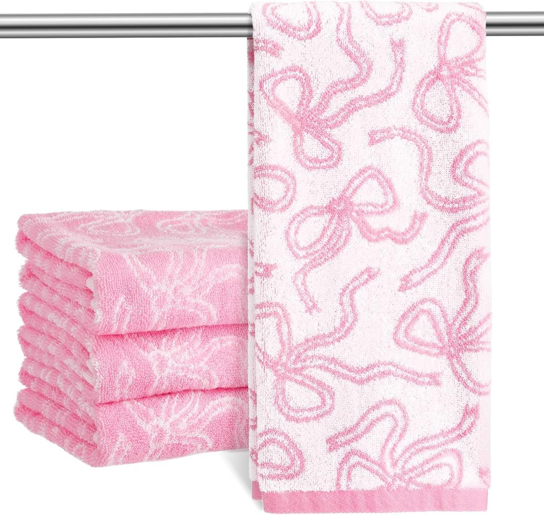 SmoothNovelty 4 Pcs Pink Bow Hand Towels for Bathroom 100% Cotton Soft Absorbent Coquette Bathroom Decor for Girls Dorm Apartment Preppy Aesthetic Pink Bow Towels for Mother's Day Kitchen Home Decor