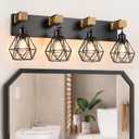 4-Light Farmhouse Bathroom Vanity Light Fixtures, Wood Bathroom Light Fixtures Over Mirror, Rustic Sconces Wall Lighting with Elegant Metal Lampshade for Living Room, Bedroom, Hallway (Black)