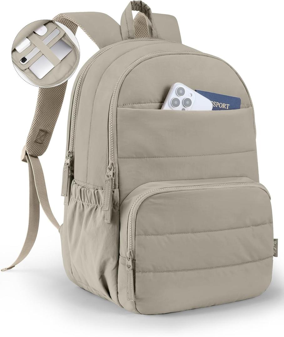 Uselike Travel Backpack for Women, 15.6 Inch Laptop Backpack, Quilted College Bookbag, Cute Work Backpacks, Water Resistant (Khaki Ash)
